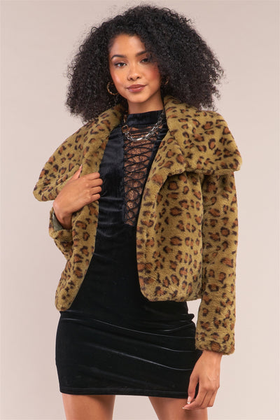 Green Leopard Print Faux Fur Open Front Oversized Collar Jacket - Deals Kiosk