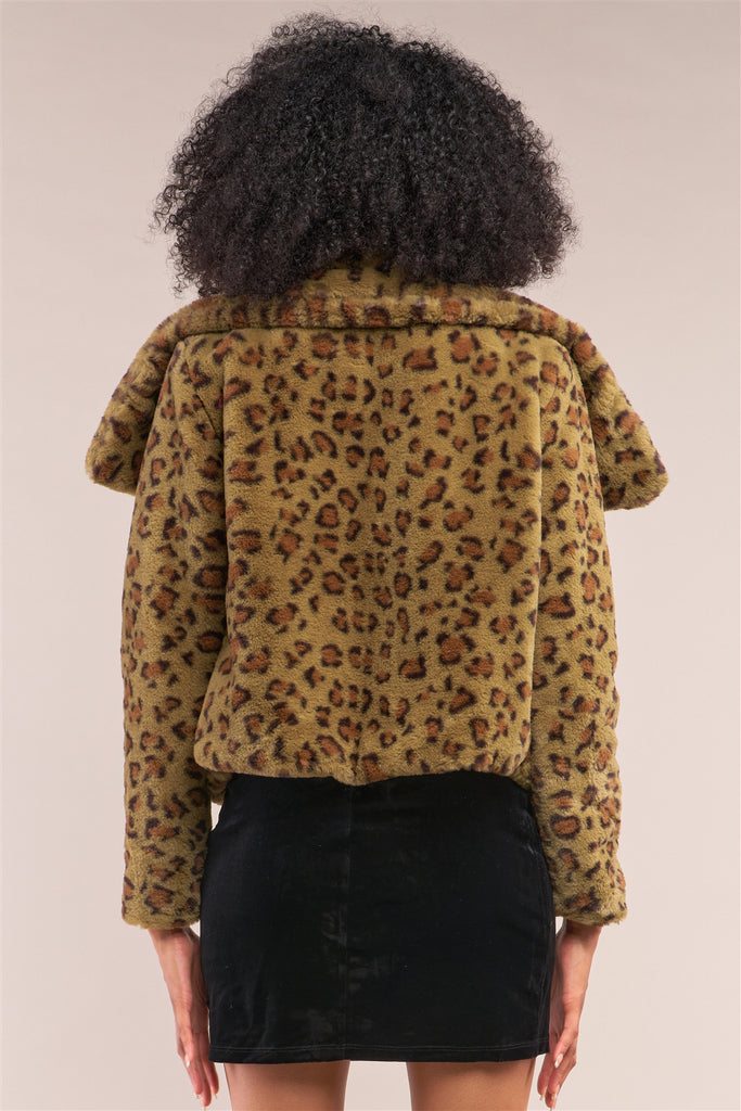 Green Leopard Print Faux Fur Open Front Oversized Collar Jacket - Deals Kiosk