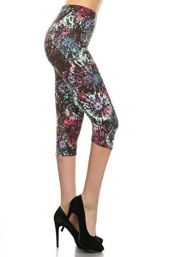 Tie Dye Printed High Waisted Capri Leggings With Elastic Waistband - Deals Kiosk