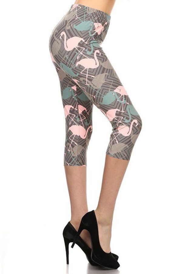 Flamingos Printed Knit Capri Legging With Elastic Waistband - Deals Kiosk