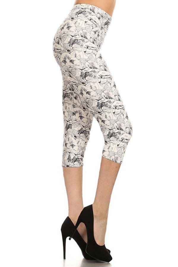 Cat Print, High Waisted Capri Leggings In A Fitted Style With An Elastic Waistband - Deals Kiosk