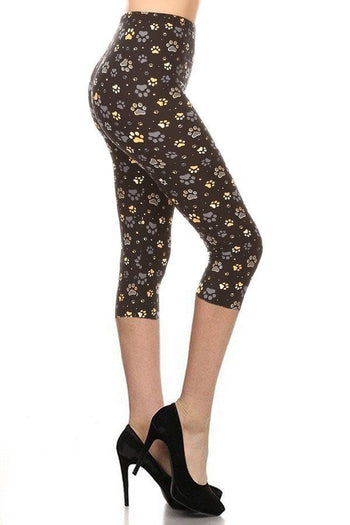 Paw Print, High Rise, Fitted Capri Leggings, With An Elastic Waistband - Deals Kiosk