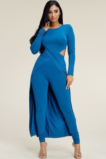 Solid Heavy Rayon Spandex Long Sleeve Crossed Over Long Top And Leggings 2 Piece Set - Deals Kiosk