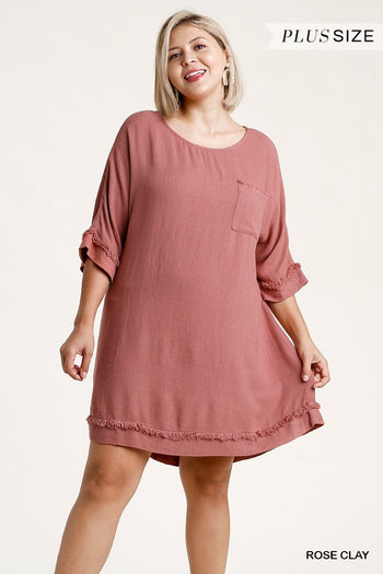 Linen Blend Round Neck Half Sleeve Dress With Chest Pocket And Frayed Edge Detail - Deals Kiosk