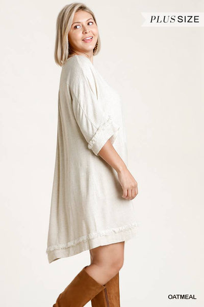 Linen Blend Round Neck Half Sleeve Dress With Chest Pocket And Frayed Edge Detail - Deals Kiosk