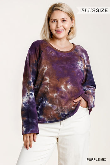 French Terry Tie-dye Raglan Long Sleeve Top With Raw Hem - Deals Kiosk