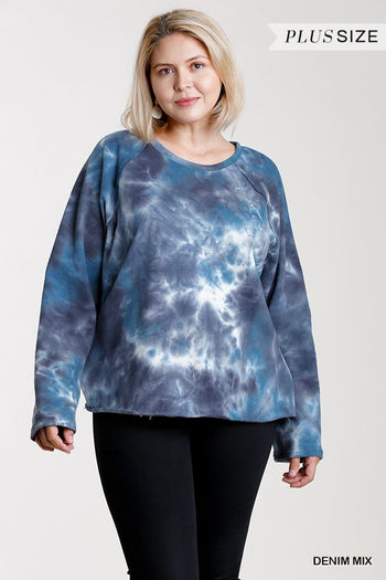 French Terry Tie-dye Raglan Long Sleeve Top With Raw Hem - Deals Kiosk