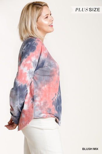 Tie-dye Button Front Long Raglan Sleeve Top With Raw Hem - Deals Kiosk