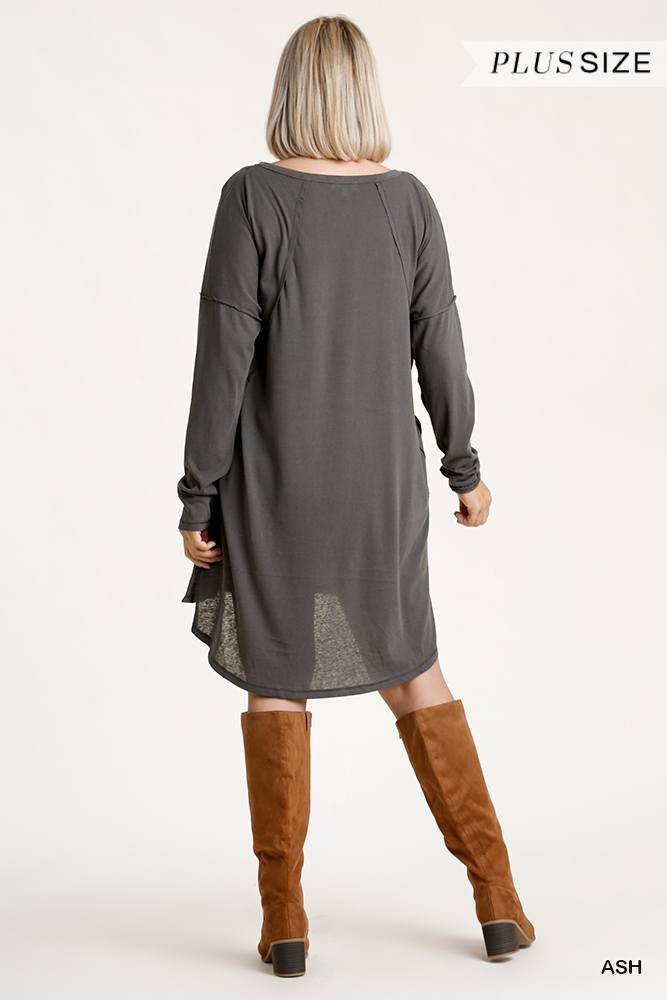 Long Raglan Sleeve Round Neck Raw Edged Detail Dress With Side Slits And Pockets - Deals Kiosk