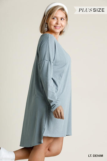 Long Raglan Sleeve Round Neck Raw Edged Detail Dress With Side Slits And Pockets - Deals Kiosk