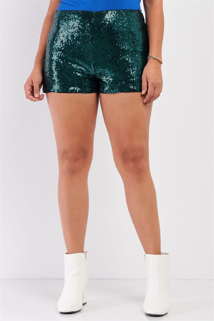 Plus Size Shiny Sequin High Waisted Mini Shorts - Deals Kiosk
