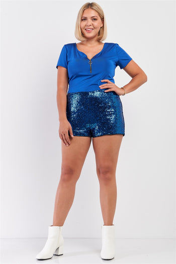 Plus Size Shiny Sequin High Waisted Mini Shorts - Deals Kiosk