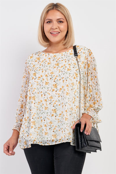 Plus Size Ivory Yellow Floral Print Relaxed Fit Draw String Self Tie Puff Midi Sleeve Top - Deals Kiosk