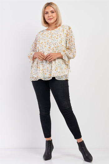 Plus Size Ivory Yellow Floral Print Relaxed Fit Draw String Self Tie Puff Midi Sleeve Top - Deals Kiosk