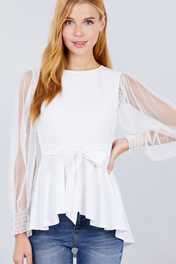 Mesh Puff Sleeve Peplum Top - Deals Kiosk