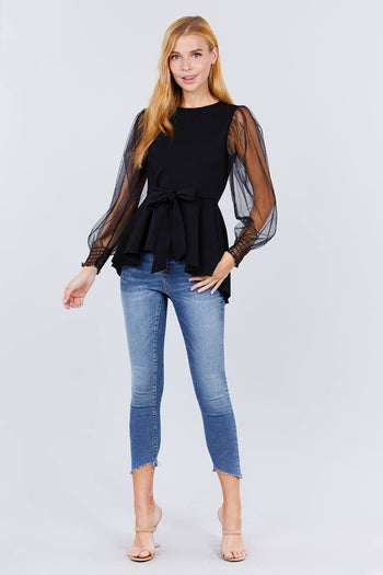 Mesh Puff Sleeve Peplum Top - Deals Kiosk