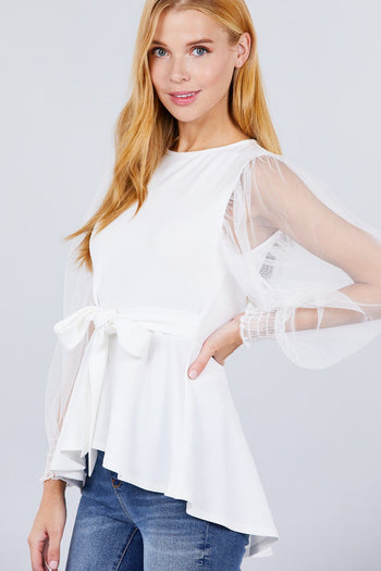 Mesh Puff Sleeve Peplum Top - Deals Kiosk