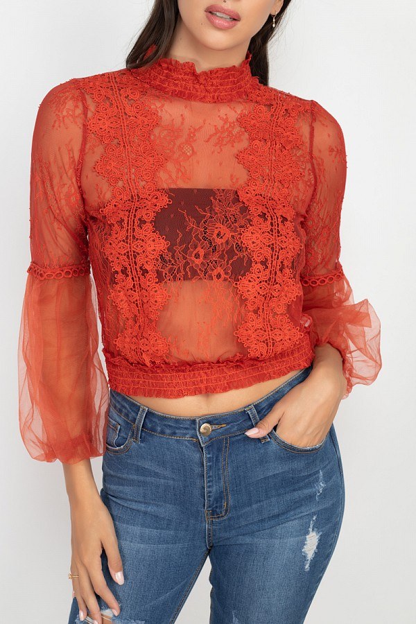 Lace Trim Balloon Sleeve Smocked Top - Deals Kiosk
