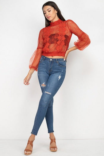 Lace Trim Balloon Sleeve Smocked Top - Deals Kiosk