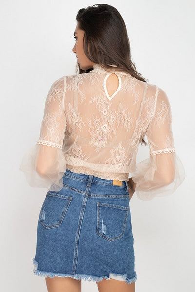 Lace Trim Balloon Sleeve Smocked Top - Deals Kiosk
