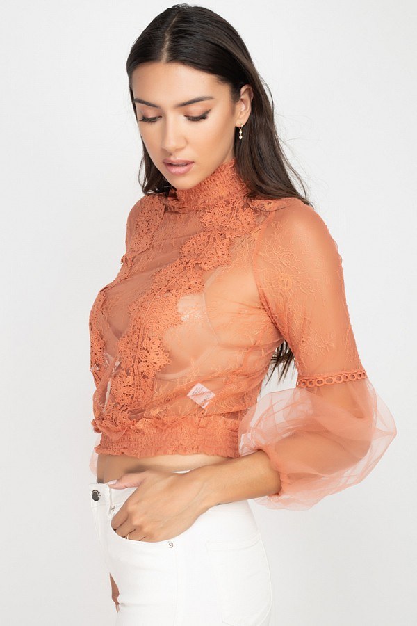 Lace Trim Balloon Sleeve Smocked Top - Deals Kiosk