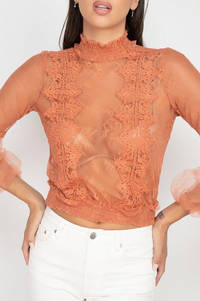 Lace Trim Balloon Sleeve Smocked Top - Deals Kiosk