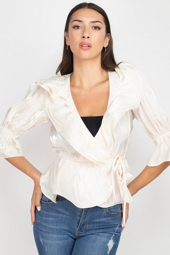 Surplice Short Sleeve Ruffle Top - Deals Kiosk