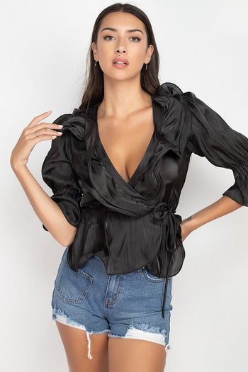 Surplice Short Sleeve Ruffle Top - Deals Kiosk