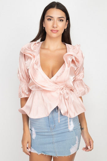 Surplice Short Sleeve Ruffle Top - Deals Kiosk