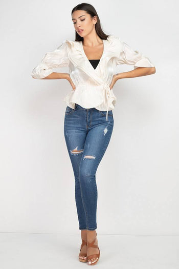 Surplice Short Sleeve Ruffle Top - Deals Kiosk