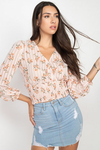 Floral Shadow Stripe V-neck Top - Deals Kiosk