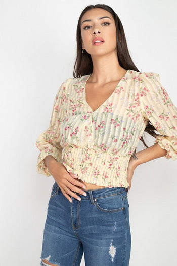 Floral Shadow Stripe V-neck Top - Deals Kiosk