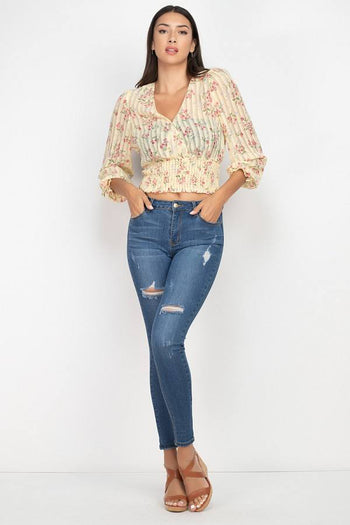 Floral Shadow Stripe V-neck Top - Deals Kiosk