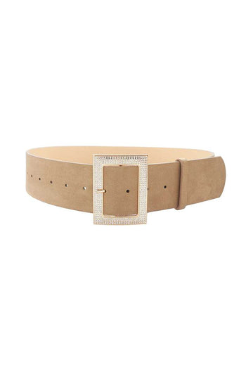 Rectangle Rhinestone Buckle Suede Belt - Deals Kiosk