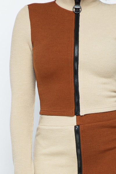 Rib Color Block Mock Neck Long Sleeve High-waist Mini Skirt With Front Zipper Set - Deals Kiosk