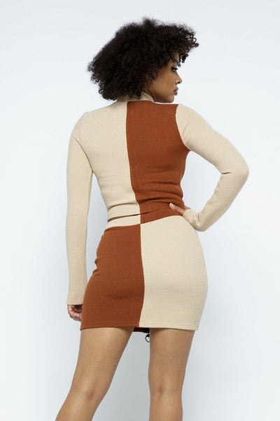 Rib Color Block Mock Neck Long Sleeve High-waist Mini Skirt With Front Zipper Set - Deals Kiosk