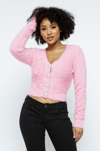 Eyelash Knit Cropped Cardigan With Pearl Button Details - Deals Kiosk