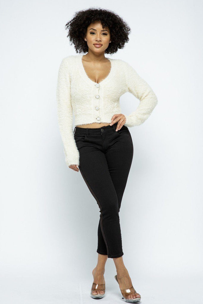 Eyelash Knit Cropped Cardigan With Pearl Button Details - Deals Kiosk