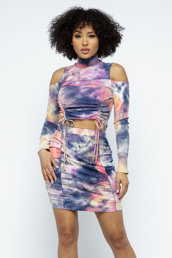 Tie Dye Open Shoulder Long Sleeve Top And Matching Skirt W Ruching Details - Deals Kiosk