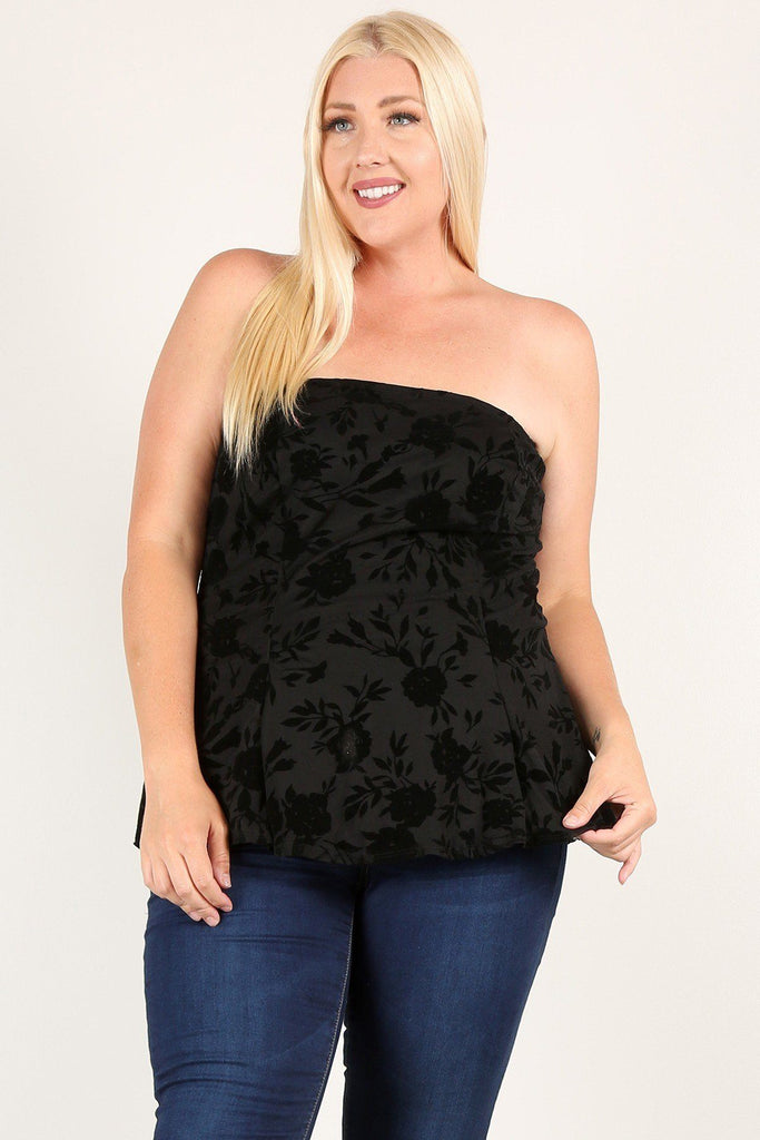 Plus Size Floral Mesh Flocking Tube Top With Flare Bodice - Deals Kiosk