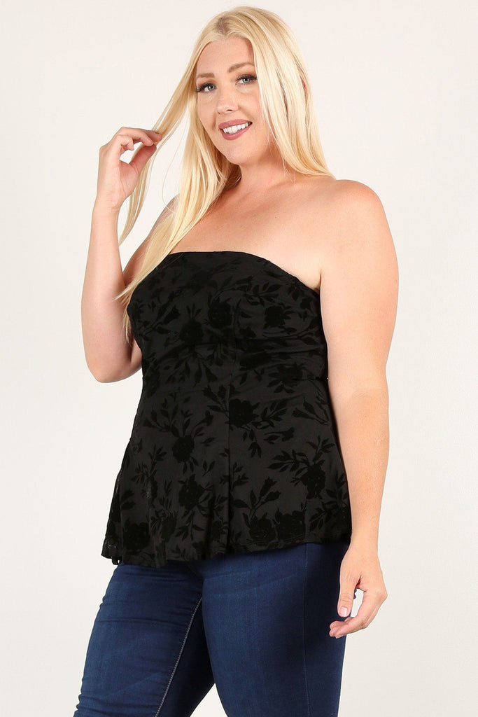 Plus Size Floral Mesh Flocking Tube Top With Flare Bodice - Deals Kiosk