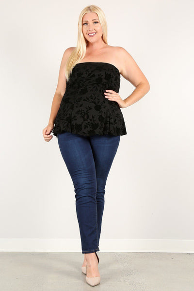 Plus Size Floral Mesh Flocking Tube Top With Flare Bodice - Deals Kiosk