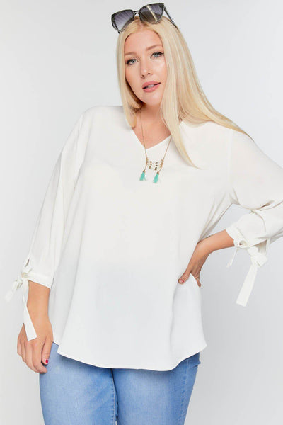Solid V-neck 3/4 Sleeve Tie Accent Blouse Top - Deals Kiosk