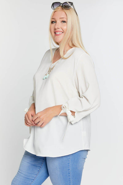 Solid V-neck 3/4 Sleeve Tie Accent Blouse Top - Deals Kiosk