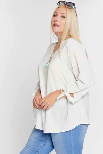 Solid V-neck 3/4 Sleeve Tie Accent Blouse Top - Deals Kiosk