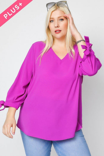 Solid V-neck 3/4 Sleeve Tie Accent Blouse Top - Deals Kiosk