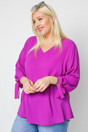 Solid V-neck 3/4 Sleeve Tie Accent Blouse Top - Deals Kiosk
