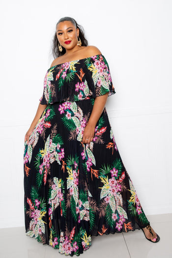 Tropical Printed Off Shoulder Pleated Maxi Dress - Deals Kiosk