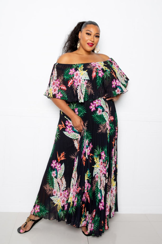 Tropical Printed Off Shoulder Pleated Maxi Dress - Deals Kiosk
