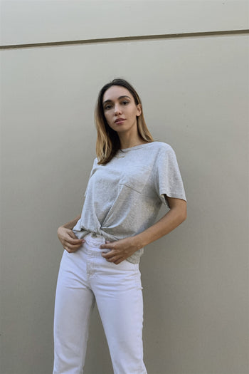Heather Grey Short Sleeve Crew Neck Knit Front Twist Detail Top - Deals Kiosk